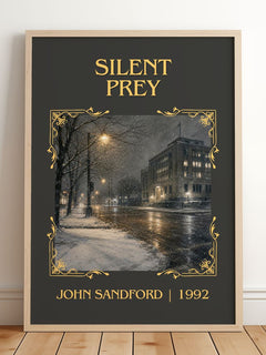 Silent Prey Classic Book Art Print by John Sandford – framed print leaning on a wooden floor
