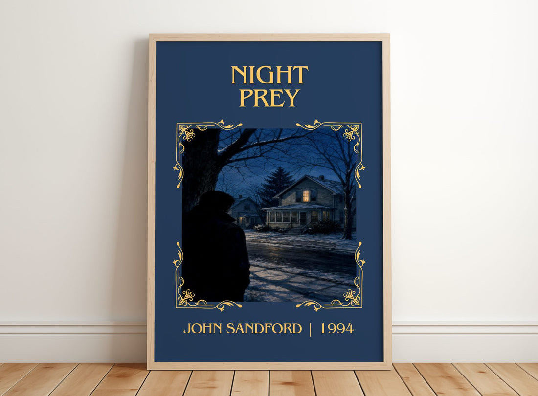 Night Prey Classic Book Art Print by John Sandford – framed print leaning on a wooden floor