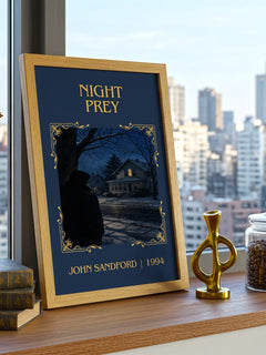 Night Prey Classic Book Art Print by John Sandford – framed print on a city-view windowsill
