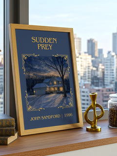 Sudden Prey Classic Book Art Print by John Sandford – framed print on a city-view windowsill