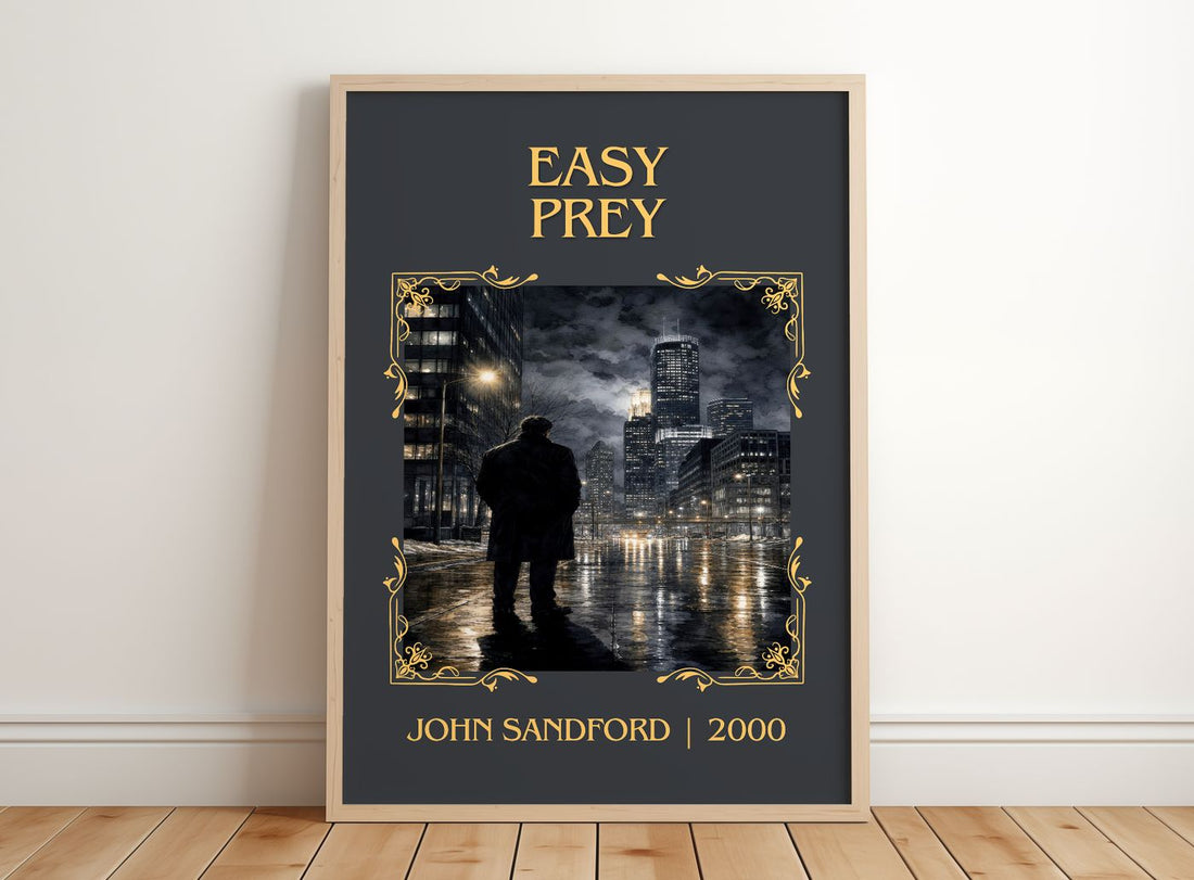Easy Prey Classic Book Art Print by John Sandford – framed print leaning on a wooden floor