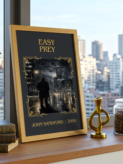 Easy Prey Classic Book Art Print by John Sandford – framed print on a city-view windowsill