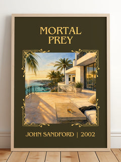 Mortal Prey Classic Book Art Print by John Sandford – framed print leaning on a wooden floor