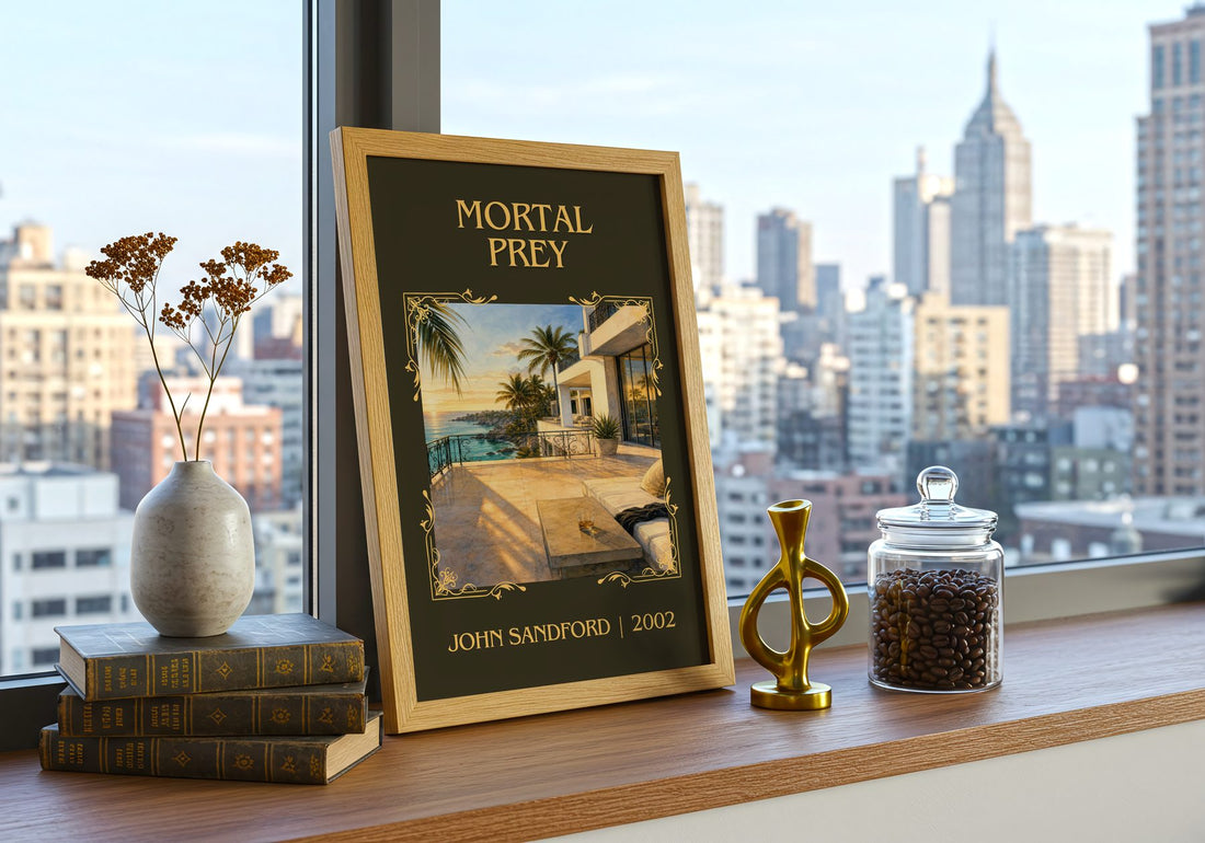 Mortal Prey Classic Book Art Print by John Sandford – framed print on a city-view windowsill