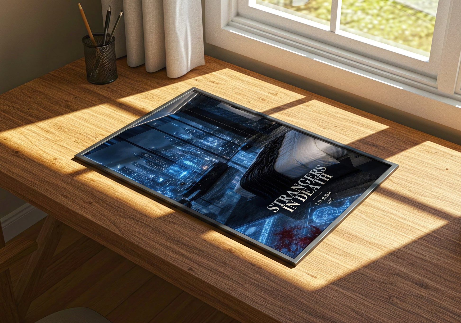 Strangers In Death watercolour book poster framed on wall – mystery wall art