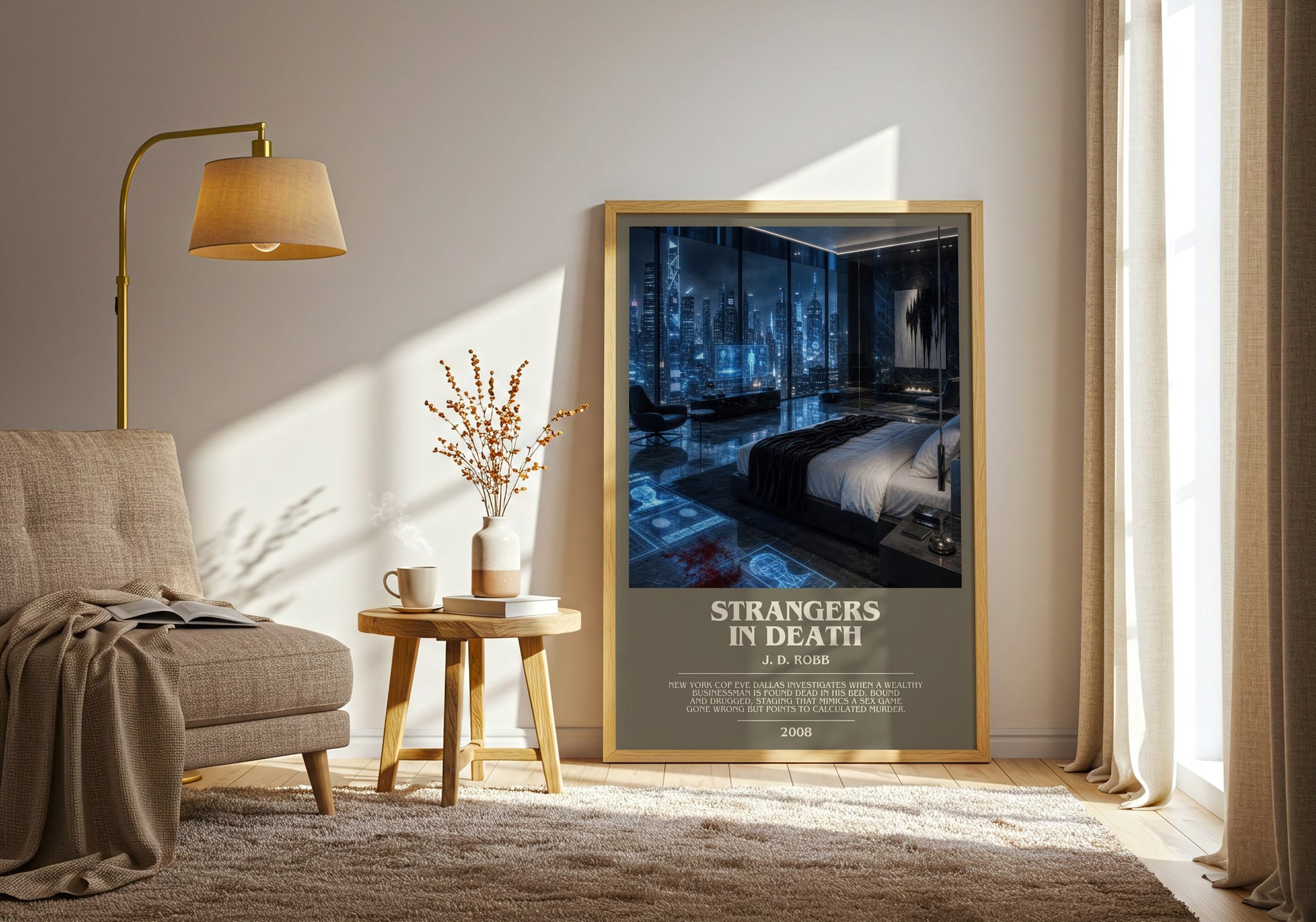 Strangers In Death bookish print on bookshelf – J. D. Robb fan gift