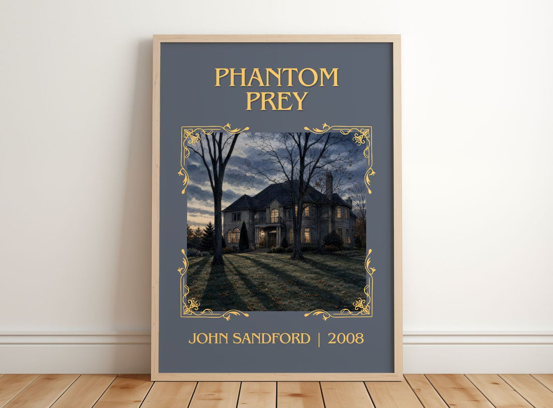 Phantom Prey Classic Book Art Print by John Sandford – framed print leaning on a wooden floor