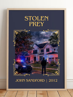 Stolen Prey Classic Book Art Print by John Sandford – framed print leaning on a wooden floor
