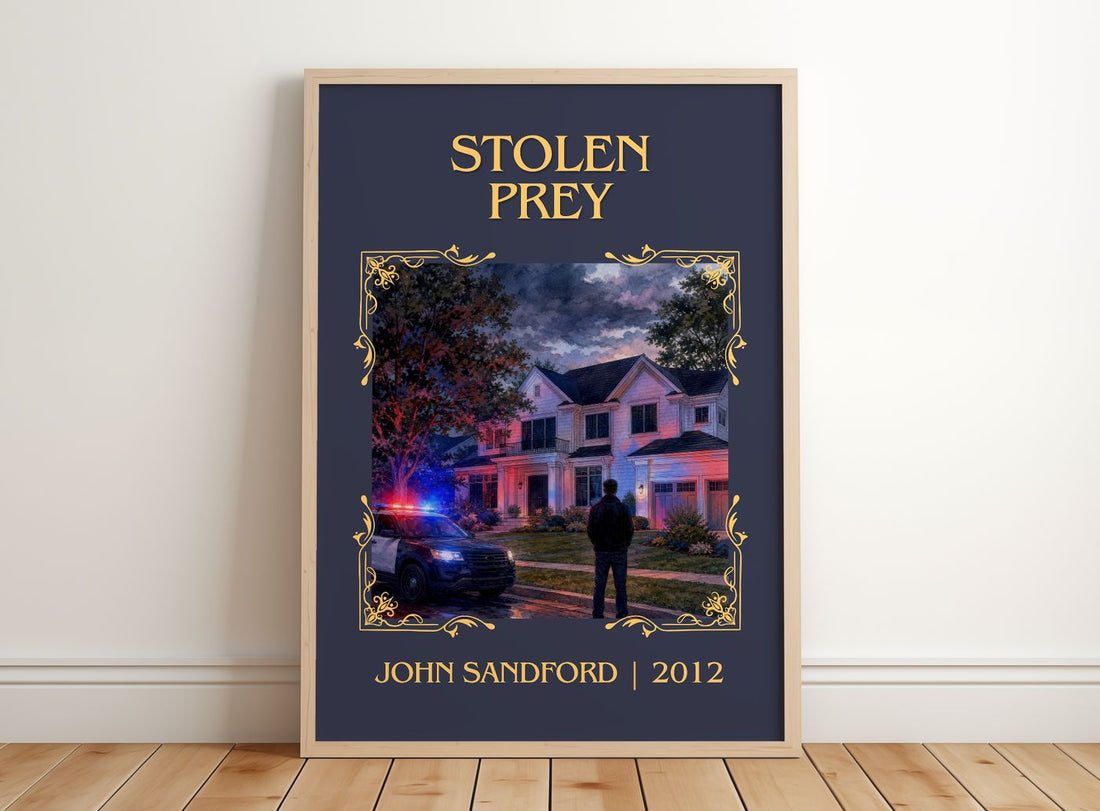 Stolen Prey Classic Book Art Print by John Sandford – framed print leaning on a wooden floor