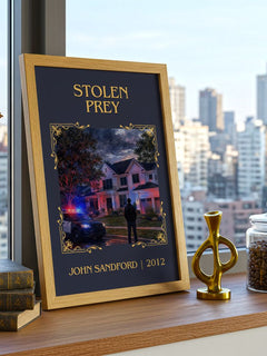 Stolen Prey Classic Book Art Print by John Sandford – framed print on a city-view windowsill