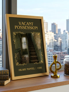 Vacant Possession Classic Book Art Print by Hilary Mantel – framed print on a city-view windowsill