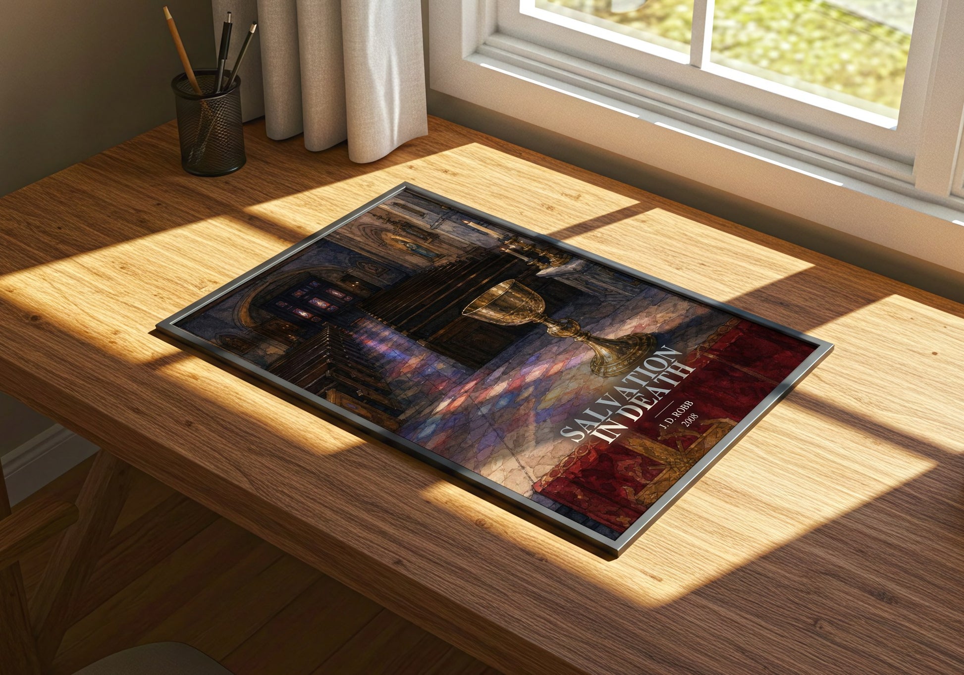Salvation In Death watercolour book poster framed on wall – mystery wall art