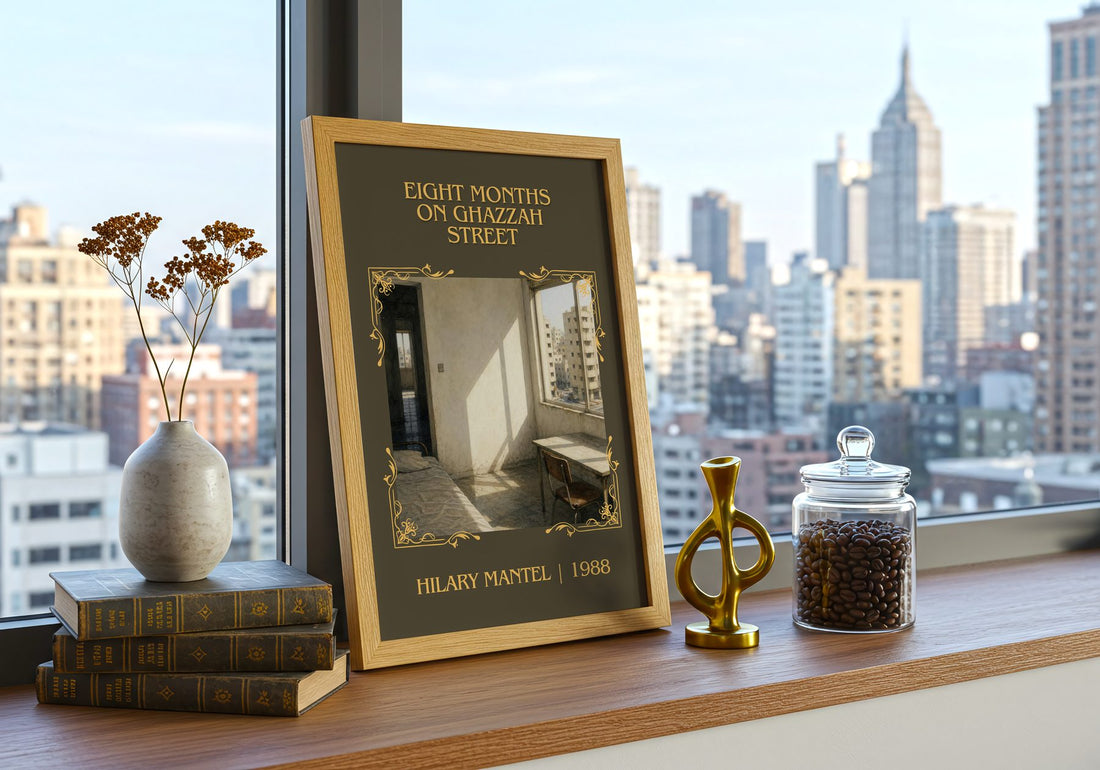 Eight Months on Ghazzah Street Classic Book Art Print by Hilary Mantel – framed print on a city-view windowsill