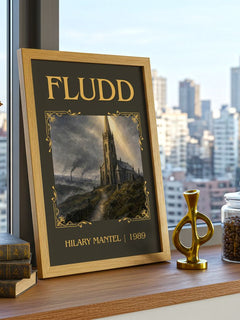 Fludd Classic Book Art Print by Hilary Mantel – framed print on a city-view windowsill