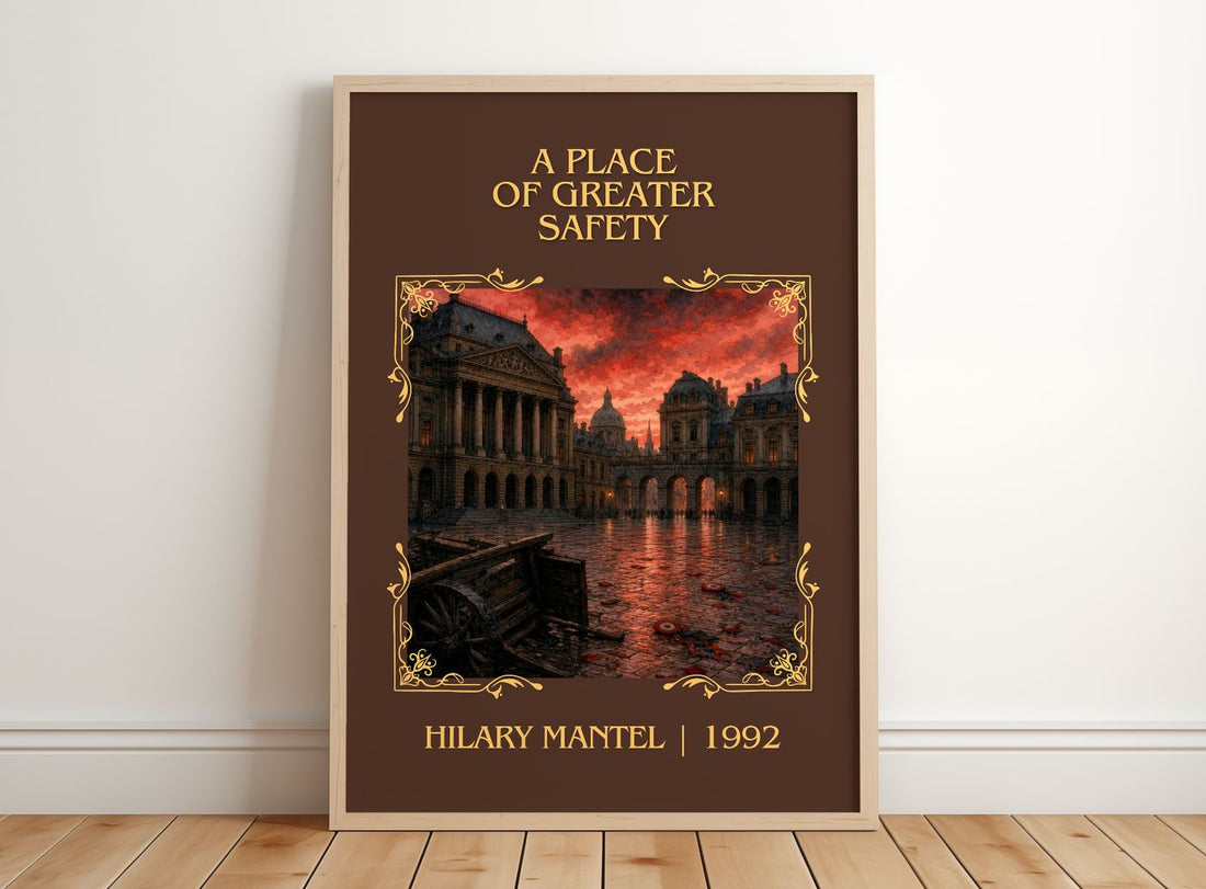 A Place of Greater Safety Classic Book Art Print by Hilary Mantel – framed print leaning on a wooden floor