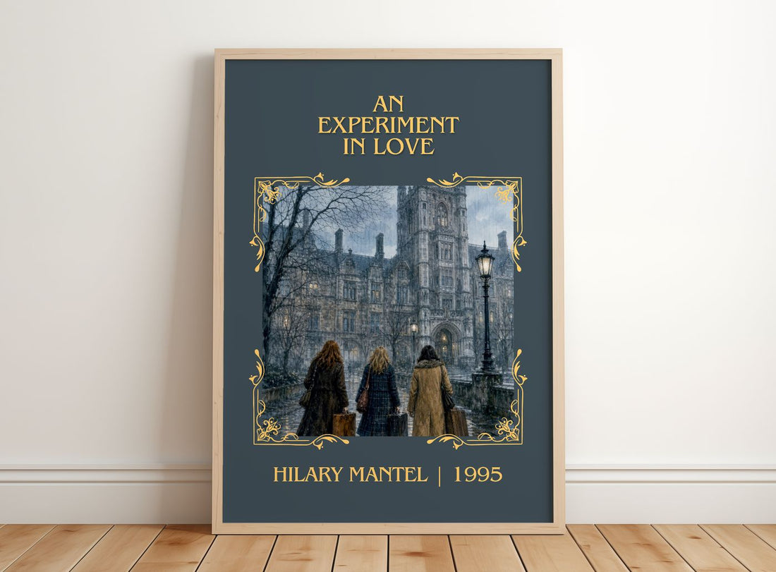An Experiment in Love Classic Book Art Print by Hilary Mantel – framed print leaning on a wooden floor
