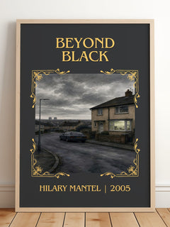 Beyond Black Classic Book Art Print by Hilary Mantel – framed print leaning on a wooden floor