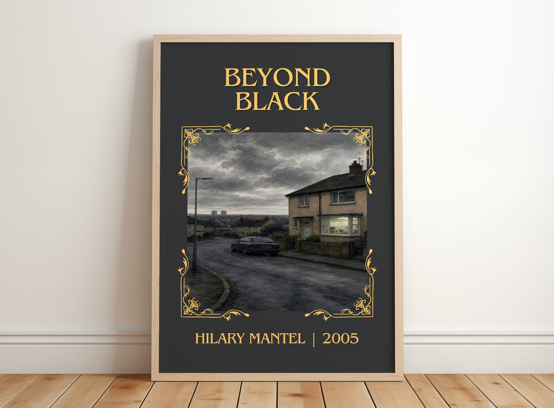 Beyond Black Classic Book Art Print by Hilary Mantel – framed print leaning on a wooden floor