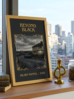 Beyond Black Classic Book Art Print by Hilary Mantel – framed print on a city-view windowsill