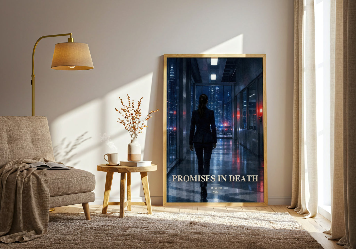 Promises In Death watercolour print in frame leaning in hallway – mystery wall art
