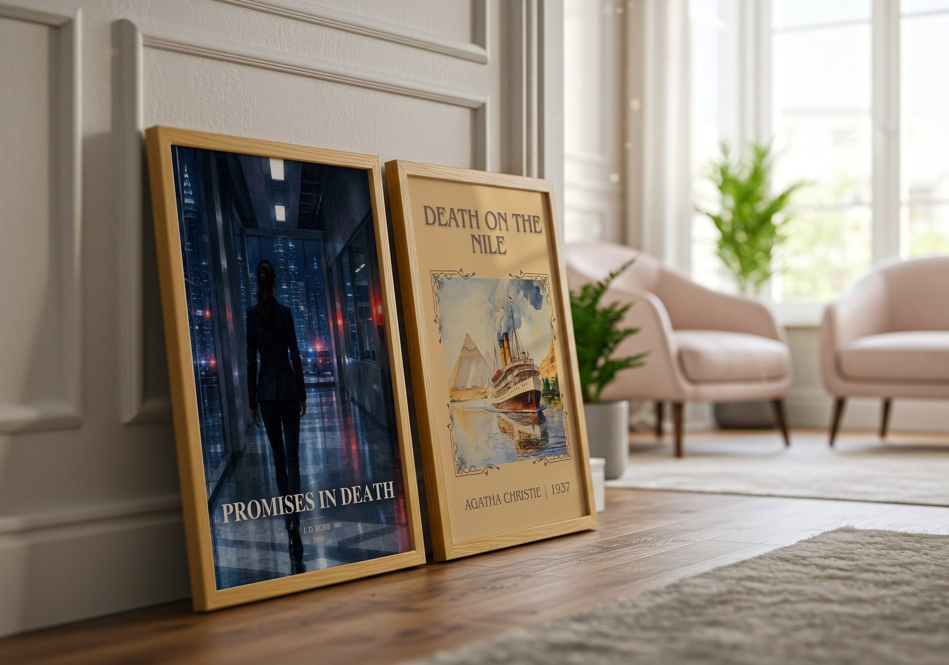 Promises In Death watercolour print framed by window – literary home decor