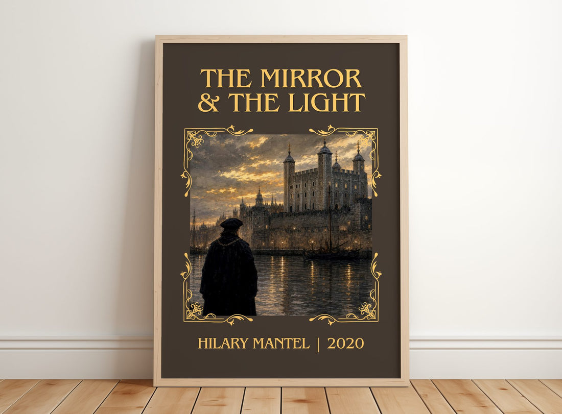 The Mirror & the Light Classic Book Art Print by Hilary Mantel – framed print leaning on a wooden floor