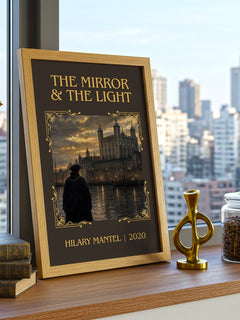 The Mirror & the Light Classic Book Art Print by Hilary Mantel – framed print on a city-view windowsill