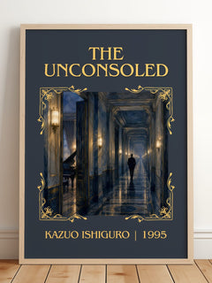 The Unconsoled Classic Book Art Print by Kazuo Ishiguro – framed print leaning on a wooden floor