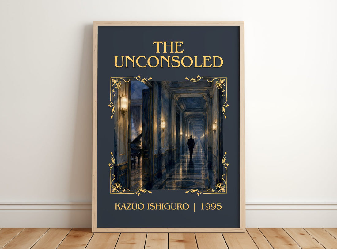 The Unconsoled Classic Book Art Print by Kazuo Ishiguro – framed print leaning on a wooden floor