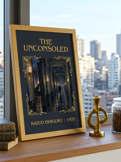 The Unconsoled Classic Book Art Print by Kazuo Ishiguro – framed print on a city-view windowsill
