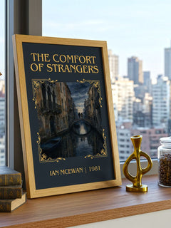 The Comfort of Strangers Classic Book Art Print by Ian McEwan – framed print on a city-view windowsill