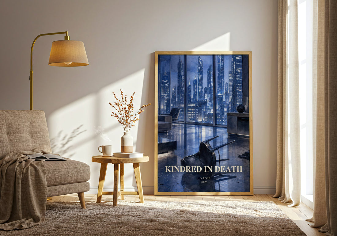 Kindred In Death watercolour print in frame leaning in hallway – mystery wall art (mockup)