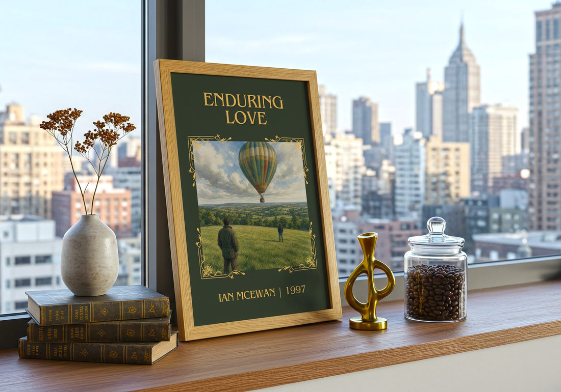 Enduring Love Classic Book Art Print by Ian McEwan – framed print on a city-view windowsill