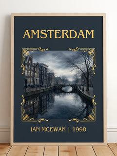 Amsterdam Classic Book Art Print by Ian McEwan – framed print leaning on a wooden floor