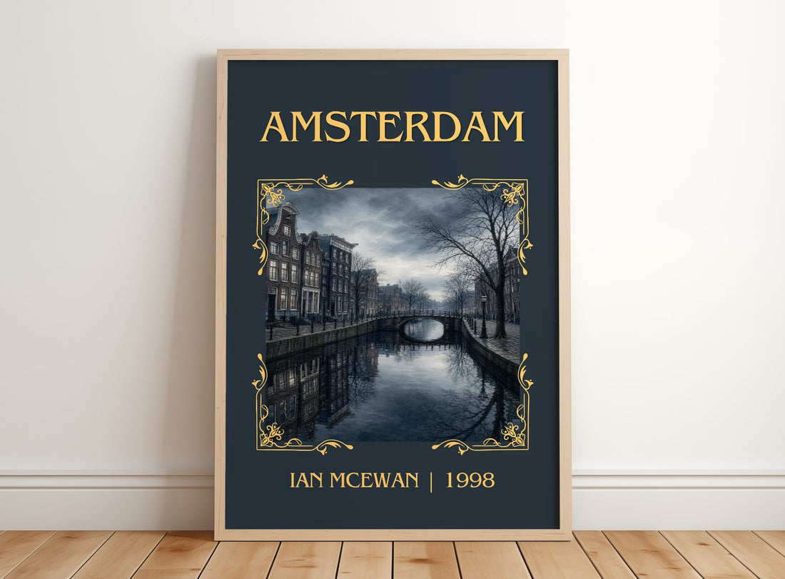 Amsterdam Classic Book Art Print by Ian McEwan – framed print leaning on a wooden floor