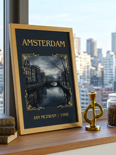 Amsterdam Classic Book Art Print by Ian McEwan – framed print on a city-view windowsill