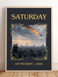 Saturday Classic Book Art Print by Ian McEwan – framed print leaning on a wooden floor