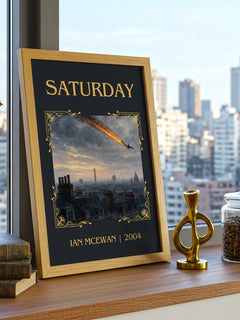 Saturday Classic Book Art Print by Ian McEwan – framed print on a city-view windowsill