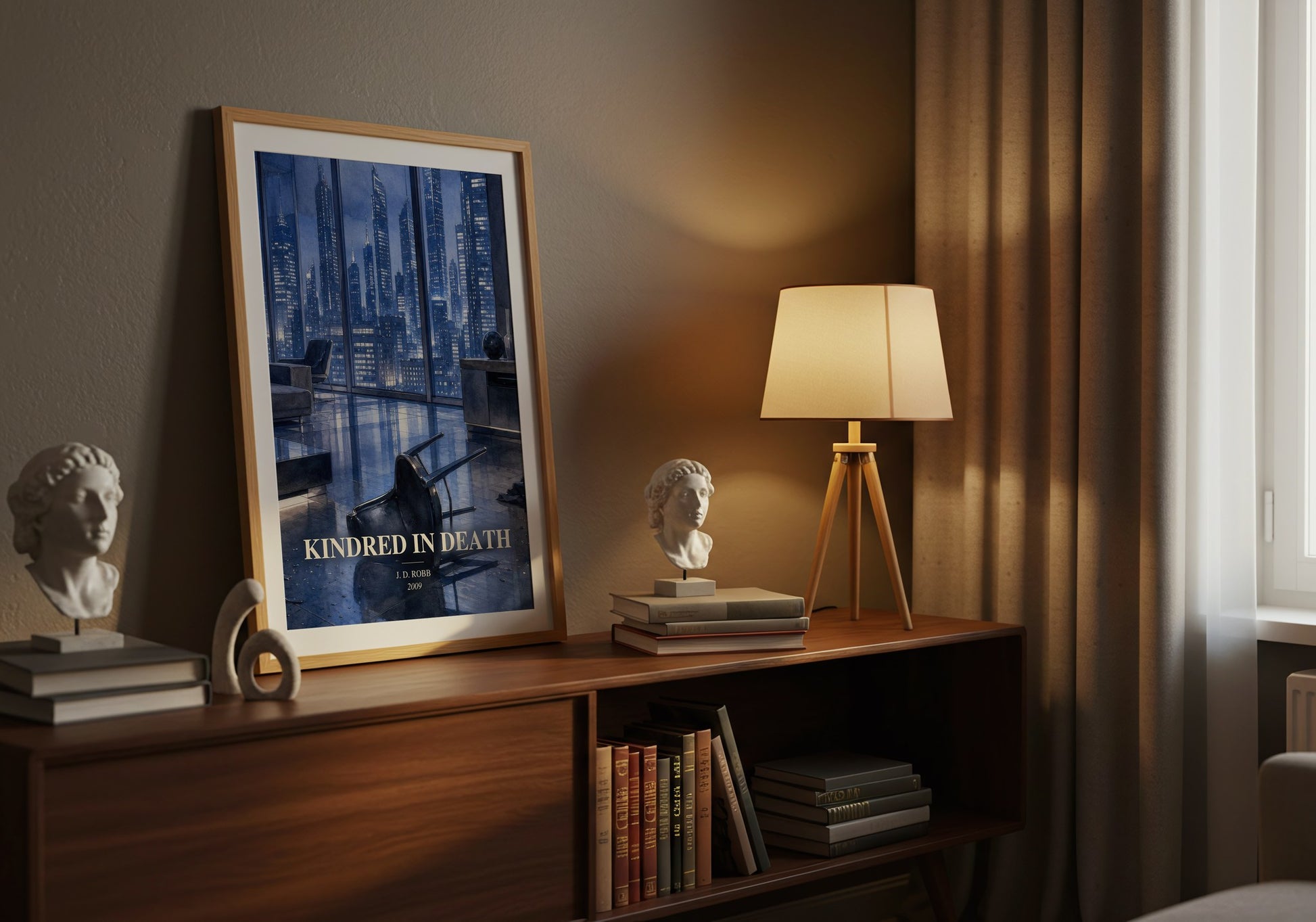 Kindred In Death watercolour print on bookshelf – J. D. Robb fan gift