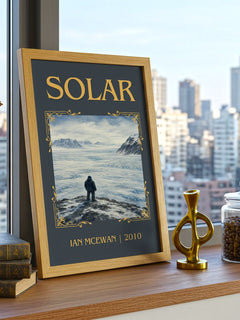 Solar Classic Book Art Print by Ian McEwan – framed print on a city-view windowsill