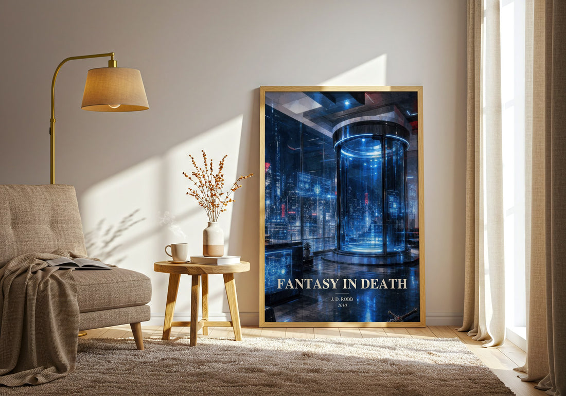 Fantasy In Death watercolour print in frame leaning in hallway – mystery wall art (mockup)