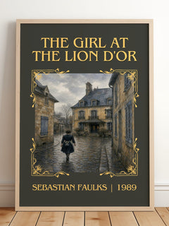The Girl at the Lion d'Or Classic Book Art Print by Sebastian Faulks – framed print leaning on a wooden floor