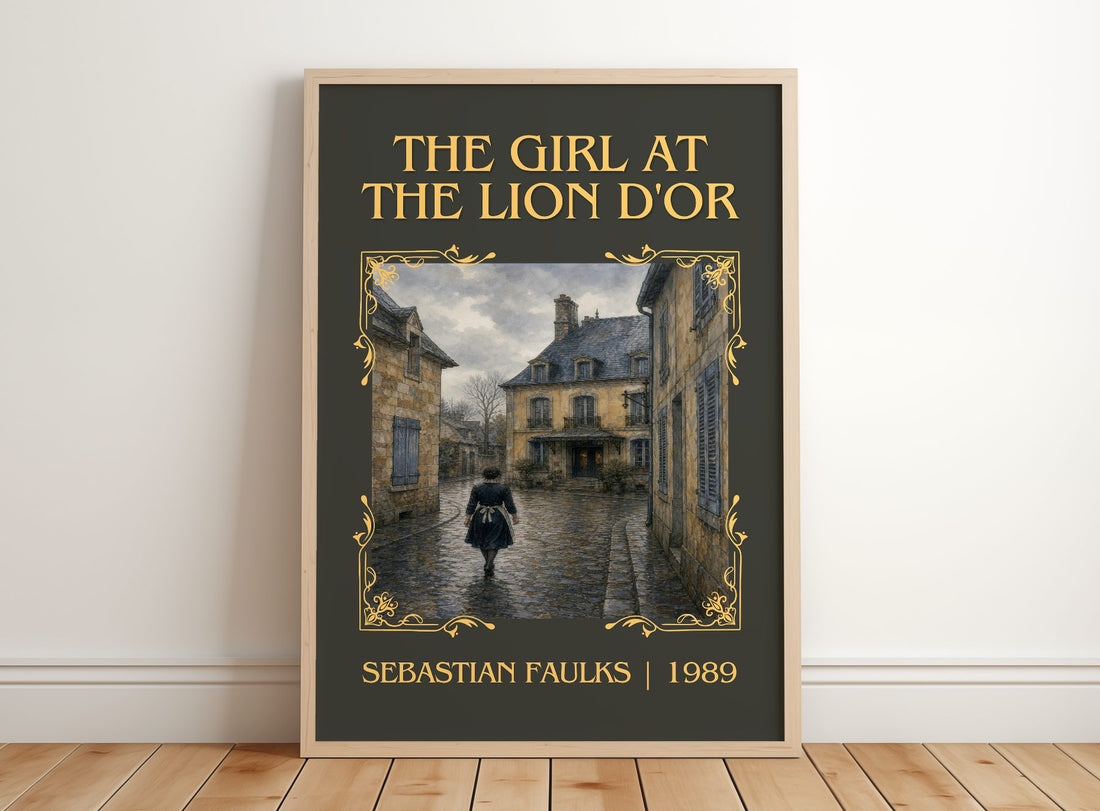 The Girl at the Lion d'Or Classic Book Art Print by Sebastian Faulks – framed print leaning on a wooden floor
