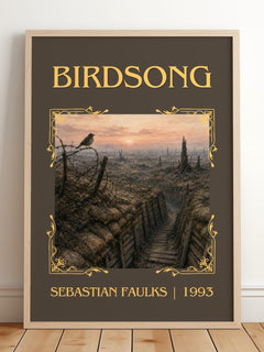 Birdsong Classic Book Art Print by Sebastian Faulks – framed print leaning on a wooden floor