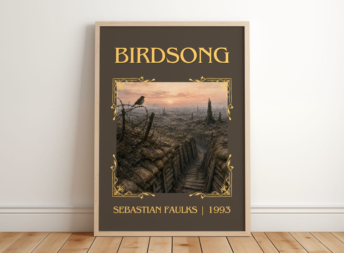 Birdsong Classic Book Art Print by Sebastian Faulks – framed print leaning on a wooden floor