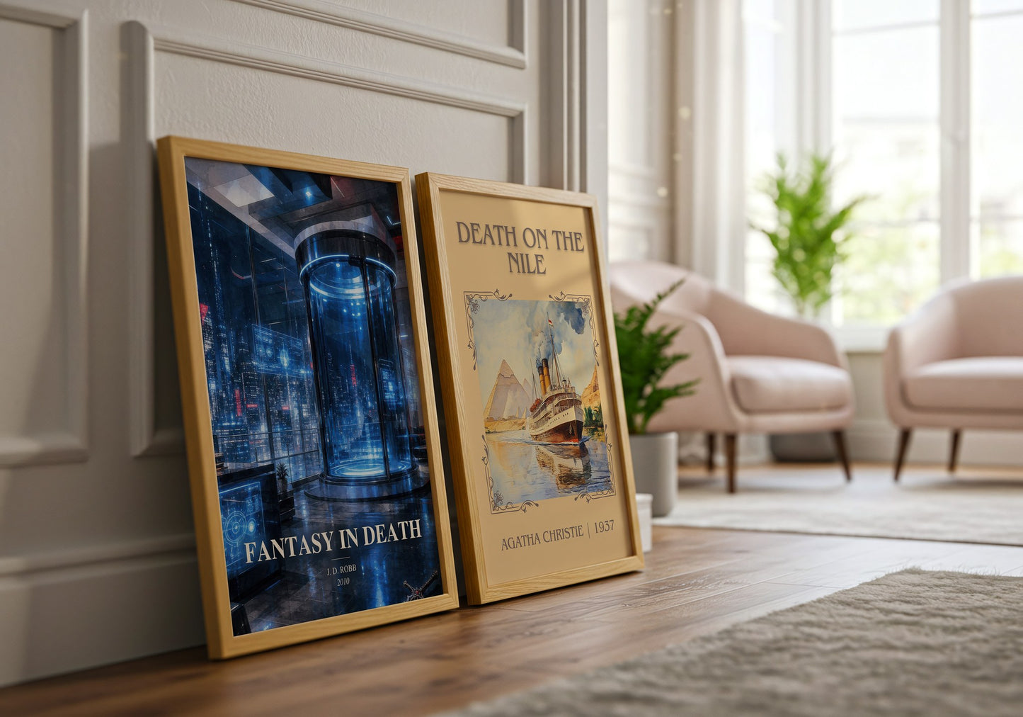 Fantasy In Death watercolour print framed by window – literary home decor