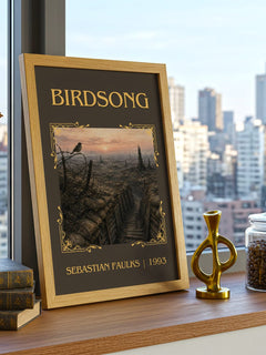 Birdsong Classic Book Art Print by Sebastian Faulks – framed print on a city-view windowsill