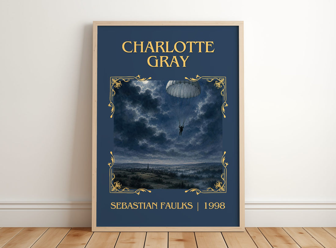 Charlotte Gray Classic Book Art Print by Sebastian Faulks – framed print leaning on a wooden floor