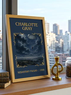 Charlotte Gray Classic Book Art Print by Sebastian Faulks – framed print on a city-view windowsill