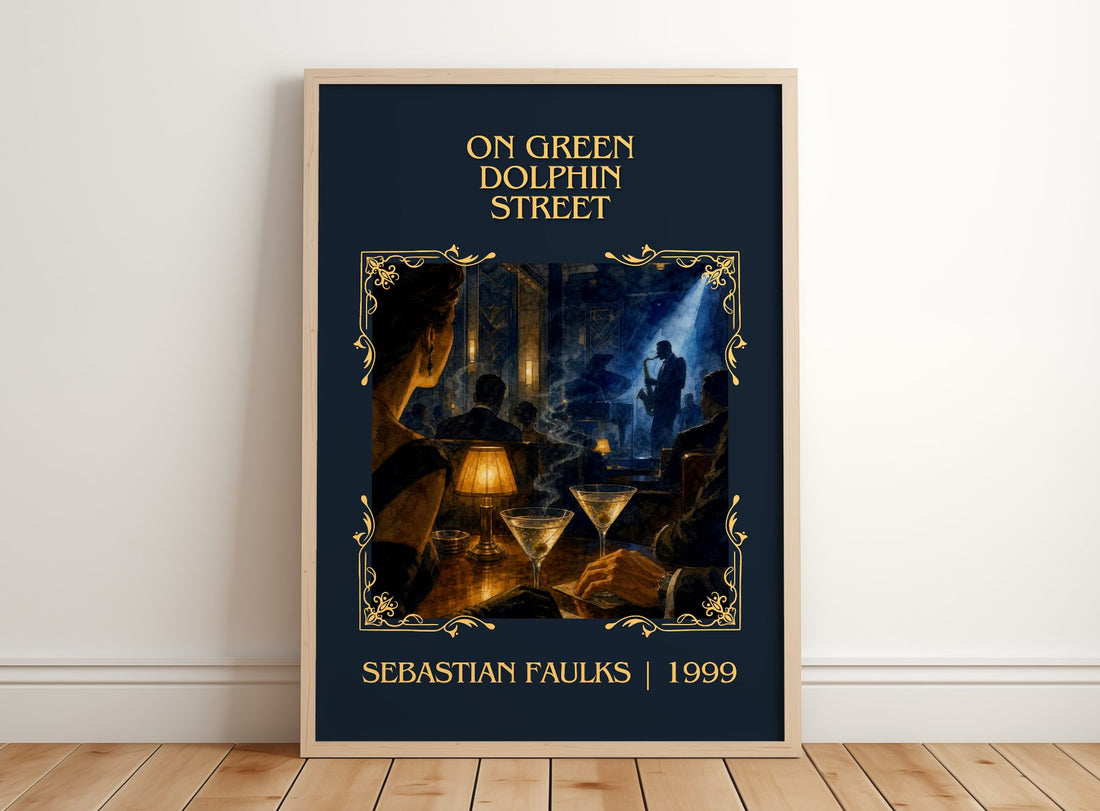 On Green Dolphin Street Classic Book Art Print by Sebastian Faulks – framed print leaning on a wooden floor